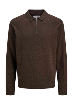 Dark brown long-sleeve knit pullover with collar and front half-zip, ribbed cuffs, and hem, labeled JACK & JONES.