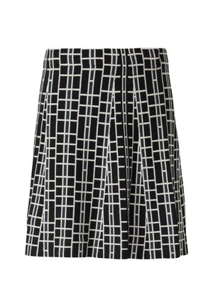 Gonna nera con un motivo geometrico di rettangoli bianchi e grigi, design plissettato e tessuto testurizzato.