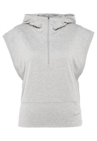 Light grey sleeveless hoodie features a zip front, adjustable hood, and textured fabric with a subtle pattern. Nike logo in lower corner.