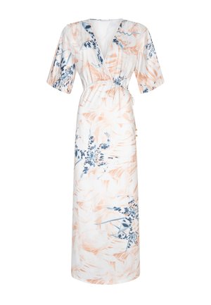 Robe maxi blanche avec un motif floral dans des tons doux pêche et bleu. Caractérisée par un design portefeuille, des manches courtes et un lien de taille ajustable.