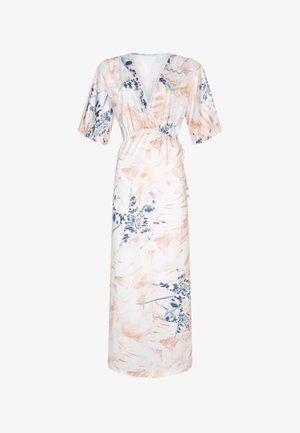 White maxi dress with a floral pattern in soft peach and blue tones. Features a wrap design, short sleeves, and adjustable waist tie.