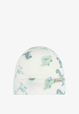 White baby hat with blue and green dinosaur and dragonfly patterns, featuring a folded cuff and a beige "Sterntaler" label.
