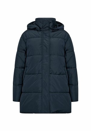 Marineblauer Pufferjacke mit Kapuze, mit einem gesteppten Design, langen Ärmeln und geradem Schnitt. Hergestellt aus glattem, leichtem Material.