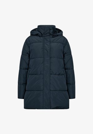 Marineblauer Pufferjacke mit Kapuze, mit einem gesteppten Design, langen Ärmeln und geradem Schnitt. Hergestellt aus glattem, leichtem Material.