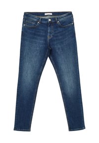 Jeans da uomo blu scuro con un classico design a cinque tasche, realizzati in denim con un aspetto leggermente vissuto e dettagli di cucitura a vista.