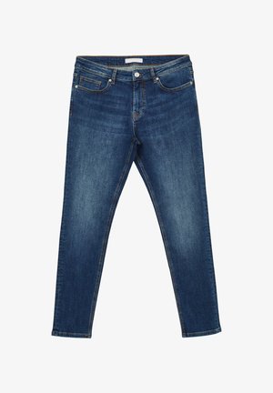Jeans da uomo blu scuro con un classico design a cinque tasche, realizzati in denim con un aspetto leggermente vissuto e dettagli di cucitura a vista.