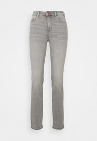 Jeans de mezclilla gris con cintura alta, piernas rectas, botón de cobre y estilo clásico de cinco bolsillos. Textura lisa, con mínimo desgaste.