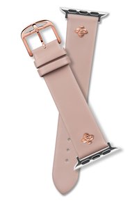 Light pink leather watch strap with a rose gold buckle, embossed bee detail, and silver hardware for attachment. Smooth texture, minimalist design.