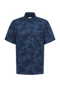 Camicia a maniche corte in tessuto blu scuro con motivo a foglie, dotata di colletto con bottoni e tasca frontale.