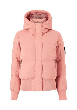 Rosa Puffjacke mit hohem Kragen und Kapuze, mit elastischen Bündchen, zwei seitlichen Reißverschlusstaschen und geripptem Saum. Glattes, leichtes Material.