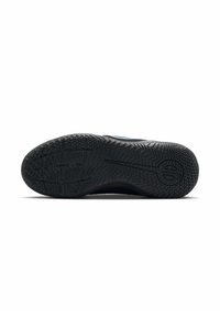 Suela de zapato con material de goma negra que presenta patrones de agarre texturizados y un logotipo circular. Diseño minimalista, sin acentos o colores visibles.