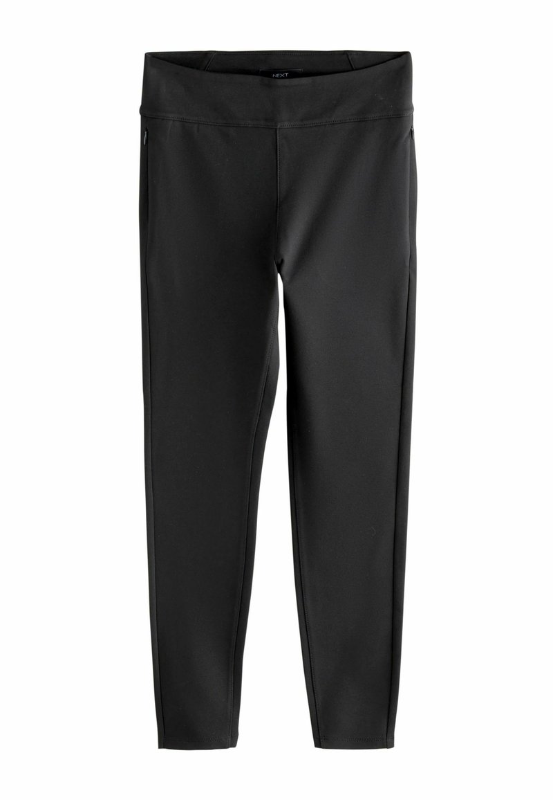 Fekete leggings rugalmas anyagból, széles derékpánttal és látható varrások nélkül. Kényelmes és rugalmas viseletet biztosít aktivitások során.