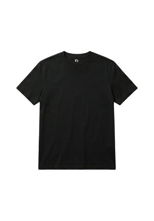 Prosty czarny t-shirt z krótkim rękawem i okrągłym dekoltem, rozłożony płasko na białym tle, pokazujący przednią stronę.