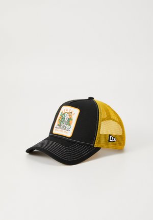 Black cap with yellow mesh side panels, featuring a front patch with green and orange design. White stitching on the brim.