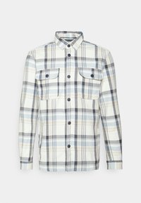 Camicia a quadri bianca, blu e beige; presenta maniche lunghe, due tasche sul petto, chiusura con bottoni e colletto.