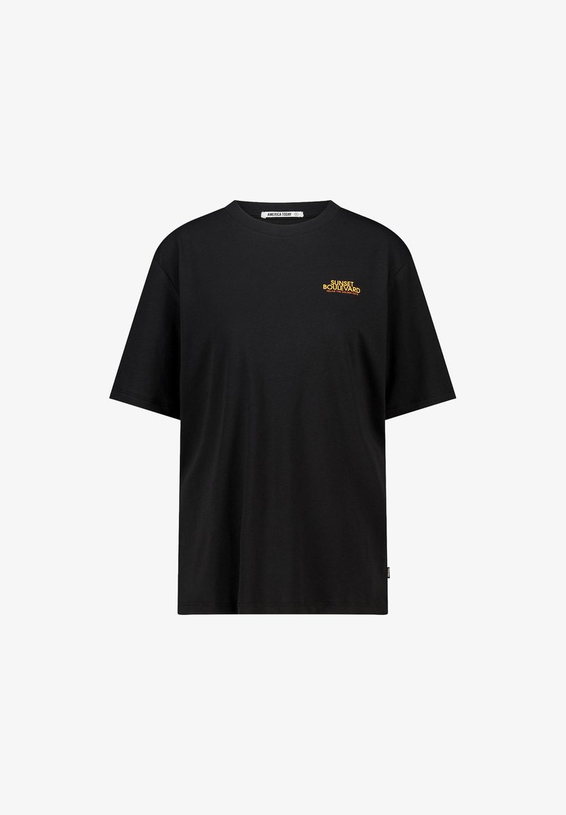 Mustat lyhyet hihat T-paita, joka on valmistettu puuvillasta ja jossa on pyöreä kaula-aukko. Edessä keltainen "SUNSET BOULEVARD" -teksti. Klassinen istuvuus.