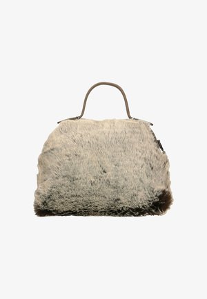 Borsa morbida in pelliccia sintetica grigia chiara e marrone, con una parte superiore arrotondata e un manico singolo in pelle marrone.