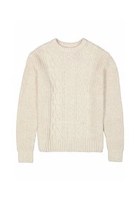 Hellbeiger, gestrickter Pullover mit Zopfmuster auf der Vorderseite sowie gerippten Bündchen, Saum und Ausschnitt.