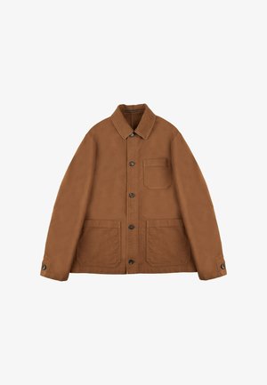 Braune Canvasjacke mit kragenförmigem Ausschnitt, Knopfvorderseite, zwei großen Fronttaschen und einer Brusttasche. Verfügt über eine glatte, matte Textur.