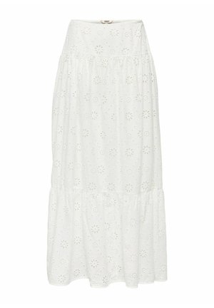 Hvid midi nederdel med elastisk talje og øjleblomsterbroderi mønster over hele stoffet.
