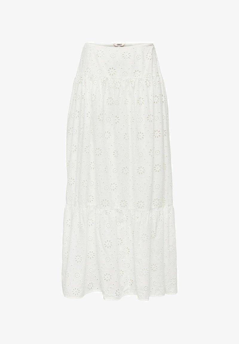 Jupe midi blanche avec taille élastique et motif brodé floral ajouré sur tout le tissu.