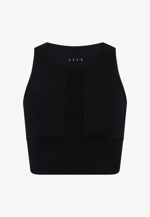 Svart sport-BH med hög halsringning, nätpanel framtill och en figurnära design med elastisk nederkant.