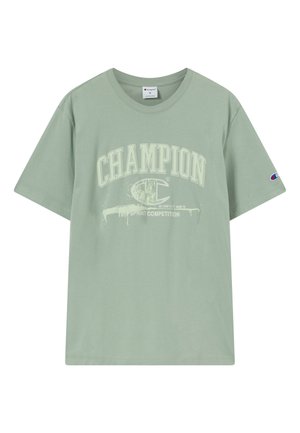 T-shirt vert clair de la marque Champion avec manches courtes et texte « CHAMPION 1ST SPRINT COMPETITION » en blanc sur le devant.