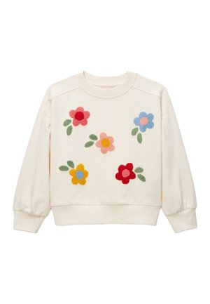 Sweatshirt couleur crème avec des fleurs texturées colorées et des feuilles vertes brodées sur le devant, doté de poignets et d'un ourlet côtelés.