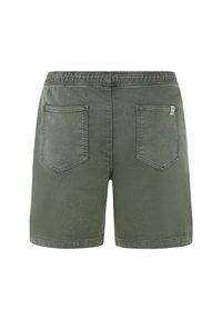 Groene denim shorts met een elastische tailleband, twee achterzakken en subtiele vervaging in de stof. Schoon afgewerkt zonder voorzakken.