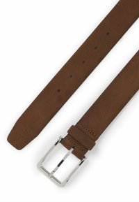 Brown suede belt with a smooth texture, featuring holes for adjustment and a silver metal buckle for closure.