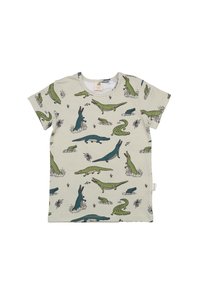 Short-sleeve t-shirt in light beige with cartoon crocodile patterns in green and blue. Made of soft cotton with a round neckline.