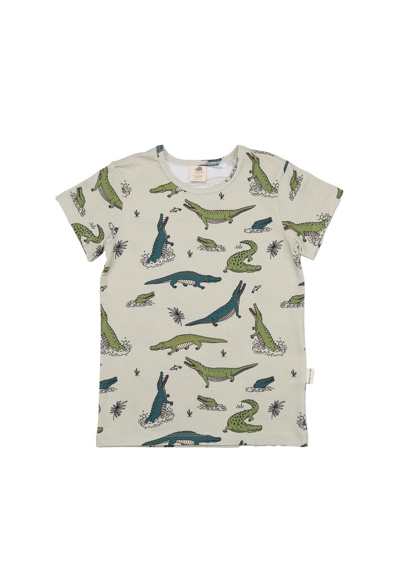 Short-sleeve t-shirt in light beige with cartoon crocodile patterns in green and blue. Made of soft cotton with a round neckline.