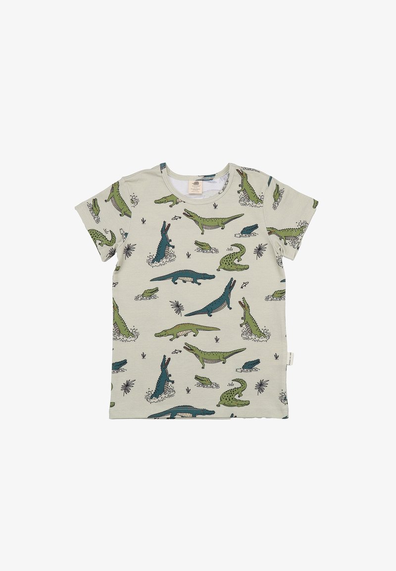 Short-sleeve t-shirt in light beige with cartoon crocodile patterns in green and blue. Made of soft cotton with a round neckline.