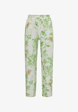 Könnyű, virágmintás nadrág zöld és narancssárga színben, krémszínű háttéren. Rugalmas derékkal és állítható zsinórral rendelkezik.