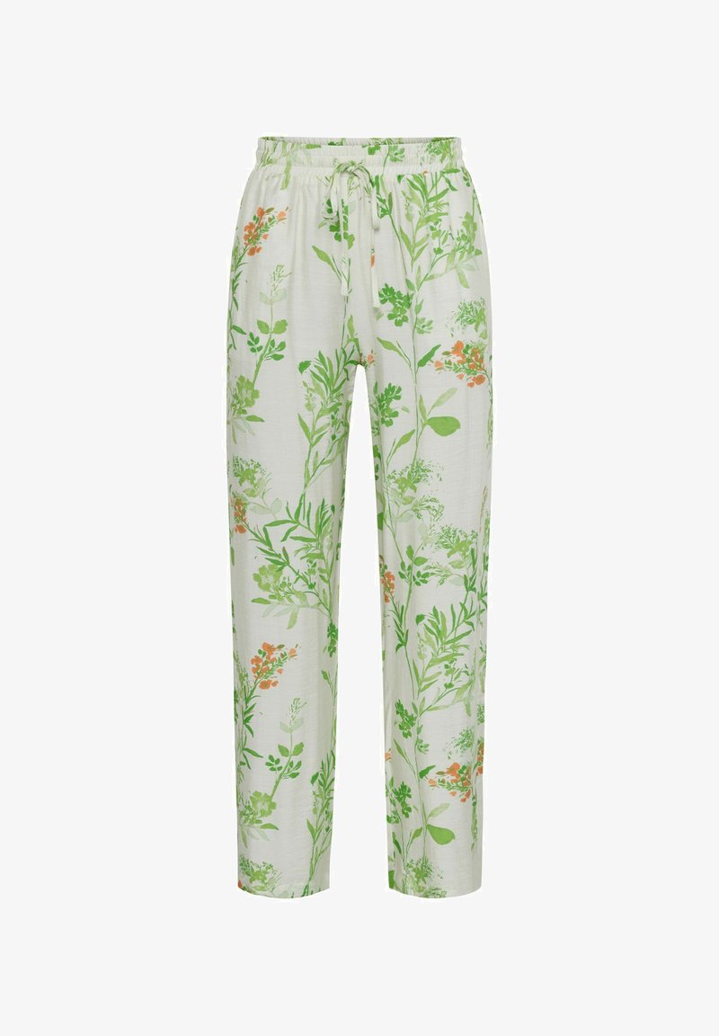 Leichte, floral gemusterte Hosen in Grün und Orange auf einem cremefarbenen Hintergrund. Mit elastischem Bund und verstellbarem Kordelzug.