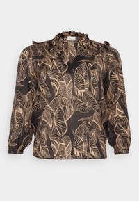 Svart blus med ett beige bladmönster, med en volangkrage och långa puffärmar, tillverkad av lätt, texturerad tyg.