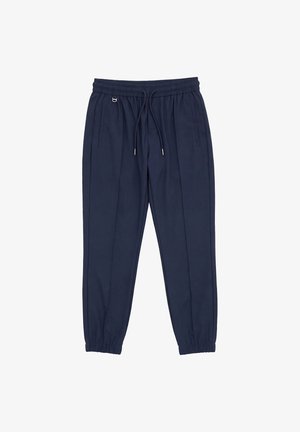 Navyblaue Jogginghosen mit elastischem Bund, Kordelzug, seitlichen Taschen und elastischen Bündchen. Lockerer Schnitt mit minimalen Designdetails.
