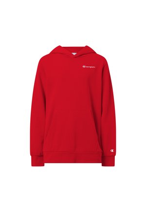 Sudadera con capucha Champion roja con bolsillo delantero tipo canguro, capucha, puños acanalados y pequeños logotipos blancos de Champion en el pecho y la manga.