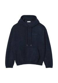 Felpa con cappuccio di un blu navy scuro, con tasca a marsupio frontale, cordini e piccolo logo ricamato sul petto sinistro.