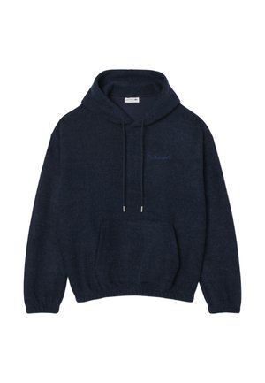 Donker marineblauwe hoodie met een centrale zak, koordjes en een klein geborduurd logo op de linkerborst.
