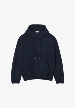 Donker marineblauwe hoodie met een centrale zak, koordjes en een klein geborduurd logo op de linkerborst.