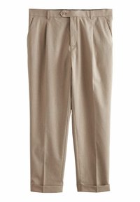 Beige geplooide broek met een soepele textuur, geplooide voorkant en omgeslagen mouwen. Inclusief een knoopsluiting en steekzakken.