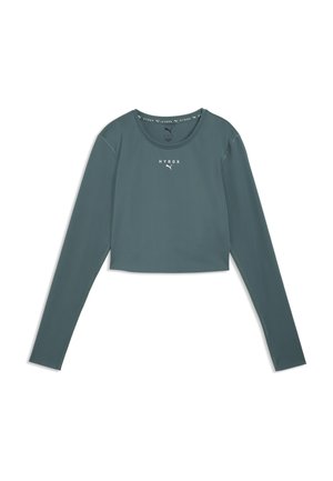 Langarmig, donkergrijs cropped sportshirt met ronde halslijn en witte "HYROX" en Puma logo's op de borst.