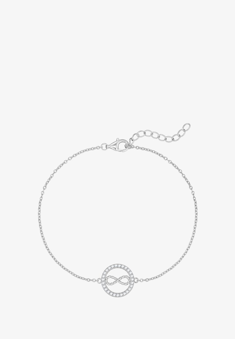 HÕBEDANE RANDMEKE, MIS KANDBAB INFINITY-SÜMBOLI DETAILSE KEERUTATUD DISAINIGA, ÜMBRITSETUD PUHASTE KIVIDEGA, MIS ON KINNITATUD KROOKU KLAMBRIGA.