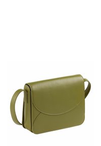 Grüne Leder-Schultertasche mit abgerundetem Klappverschluss, seitlichen Nähdetails und verstellbarem Tragegurt. Glatte Textur, rechteckige Form.