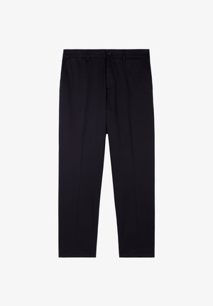 Black tailored trousers with belt loops, front button closure, and pressed creases down the legs, displayed flat on a white background.