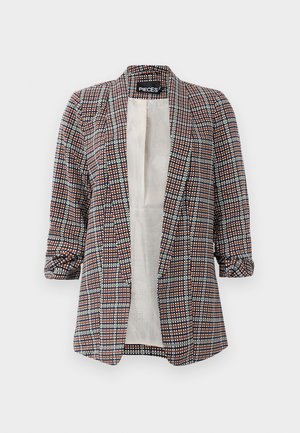 Blazer à motifs avec un mélange de couleurs incluant le marine, le rouge et le blanc. Tissu léger, revers notch et manches retroussées.