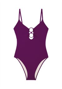 Maillot de bain une pièce violet avec fines bretelles, comprenant une découpe frontale ornée de deux accents circulaires. Tissu lisse, emmanchures taille haute.
