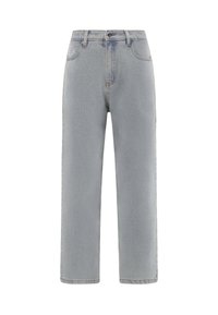 Lichtblauwe denim jeans met een rechte pasvorm, vijf pockets ontwerp en zichtbare stiksel details. Geen zichtbare patronen of versieringen.