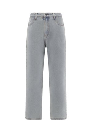 Light blue denim jeans with a straight-leg fit, five-pocket design, and visible stitching details. No visible patterns or embellishments.